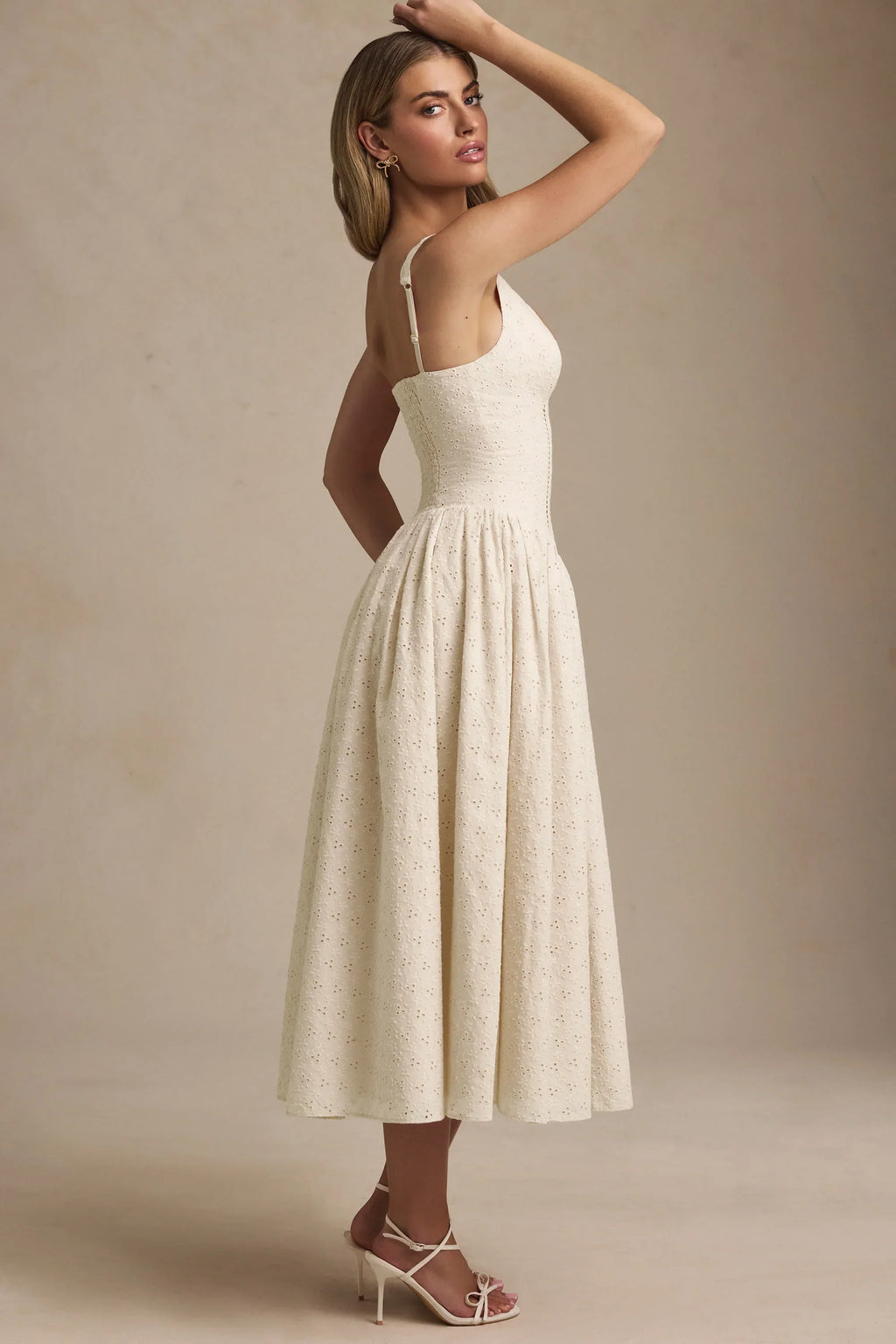 DressNovel Broderie Anglaise Bow-Detail A-Line Midaxi Dress in Ivory