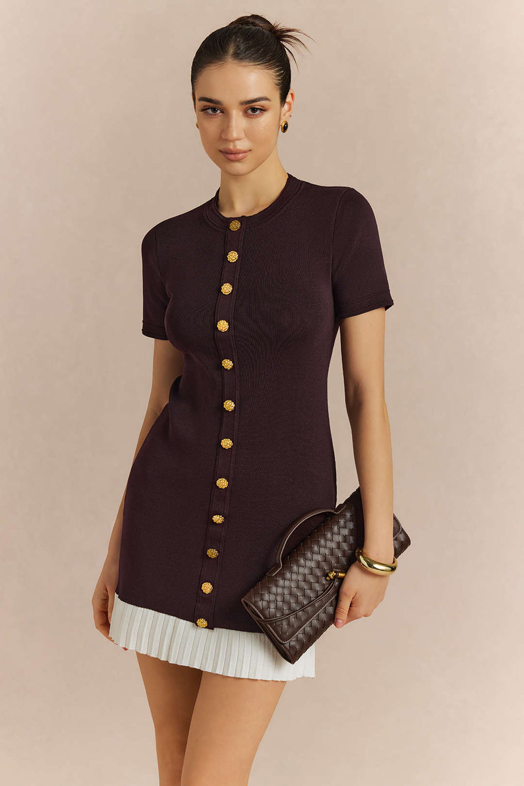 DressNovel Contrast Round Neck Metallic Button Short Sleeve Mini Dress