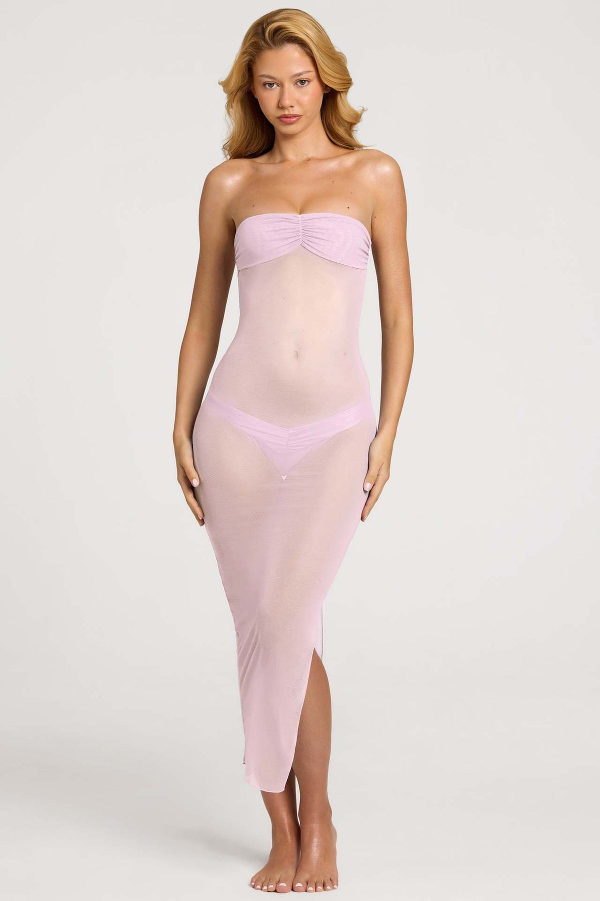 Ruched Bandeau Midi Dress in Lavender Pink