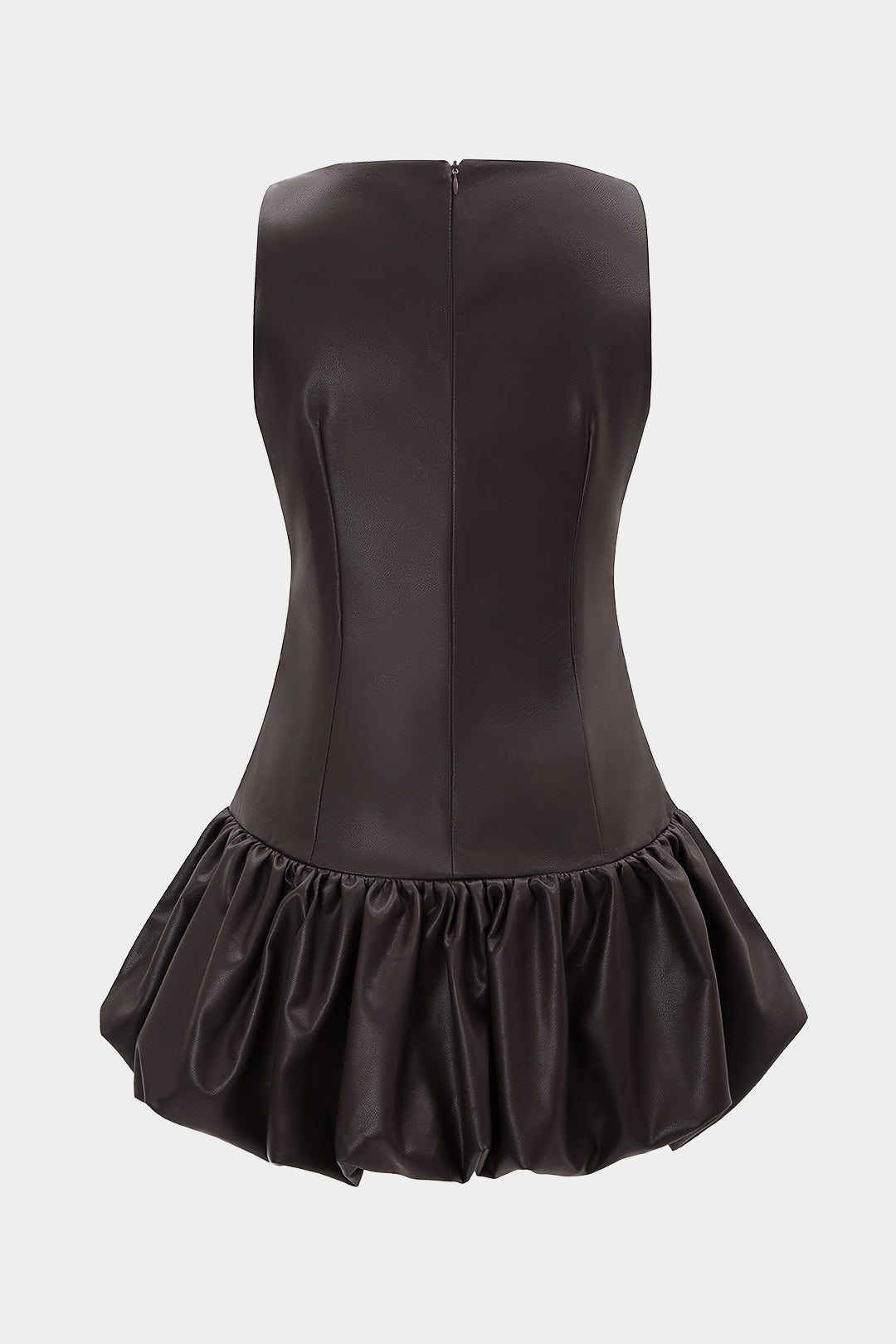 DressNovel Faux Leather Round Neck Ruched Hem Sleeveless Mini Dress