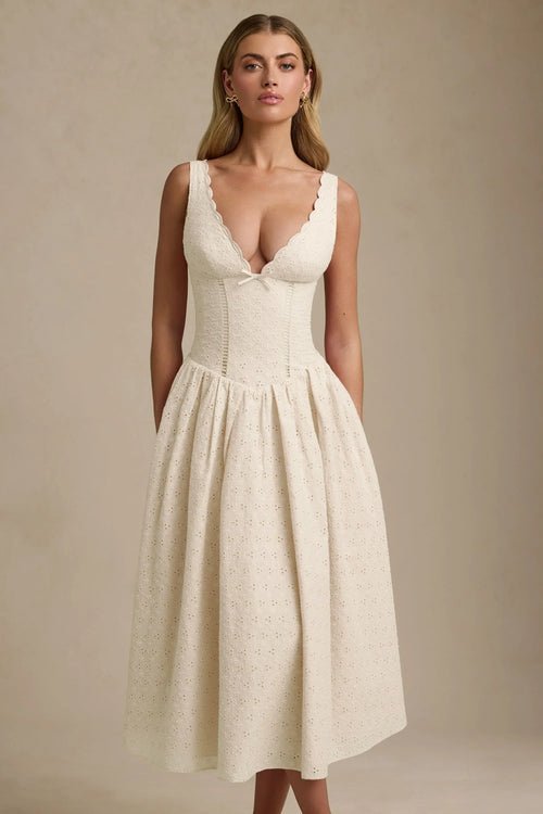 DressNovel Broderie Anglaise Bow-Detail A-Line Midaxi Dress in Ivory