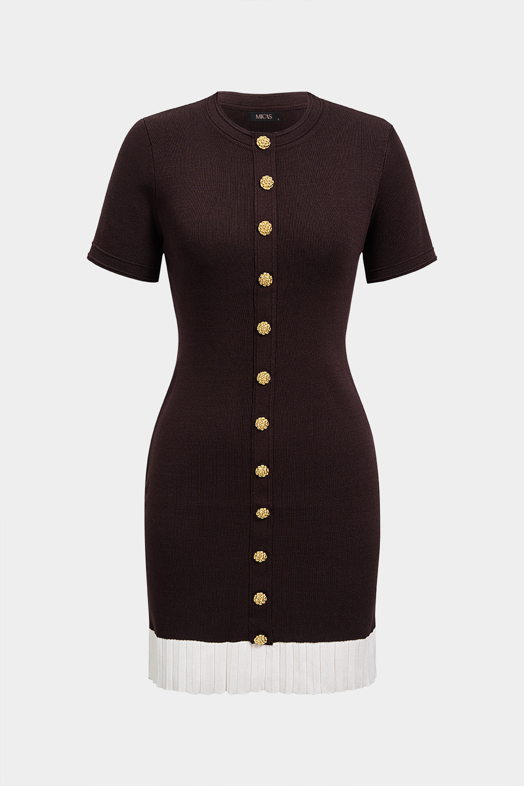DressNovel Contrast Round Neck Metallic Button Short Sleeve Mini Dress