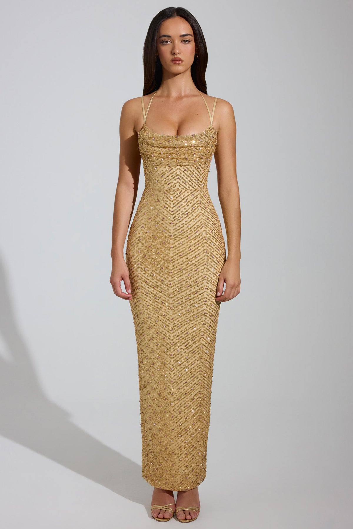 DressNovel Cowl-Neck Maxi Dress in Gold