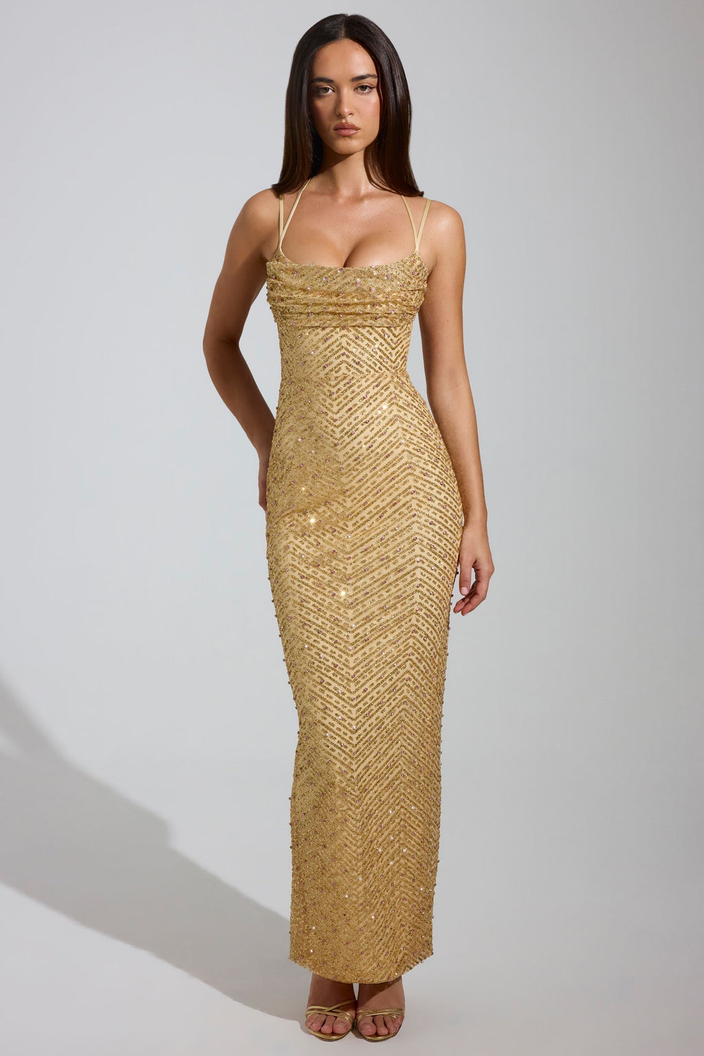 DressNovel Cowl-Neck Maxi Dress in Gold