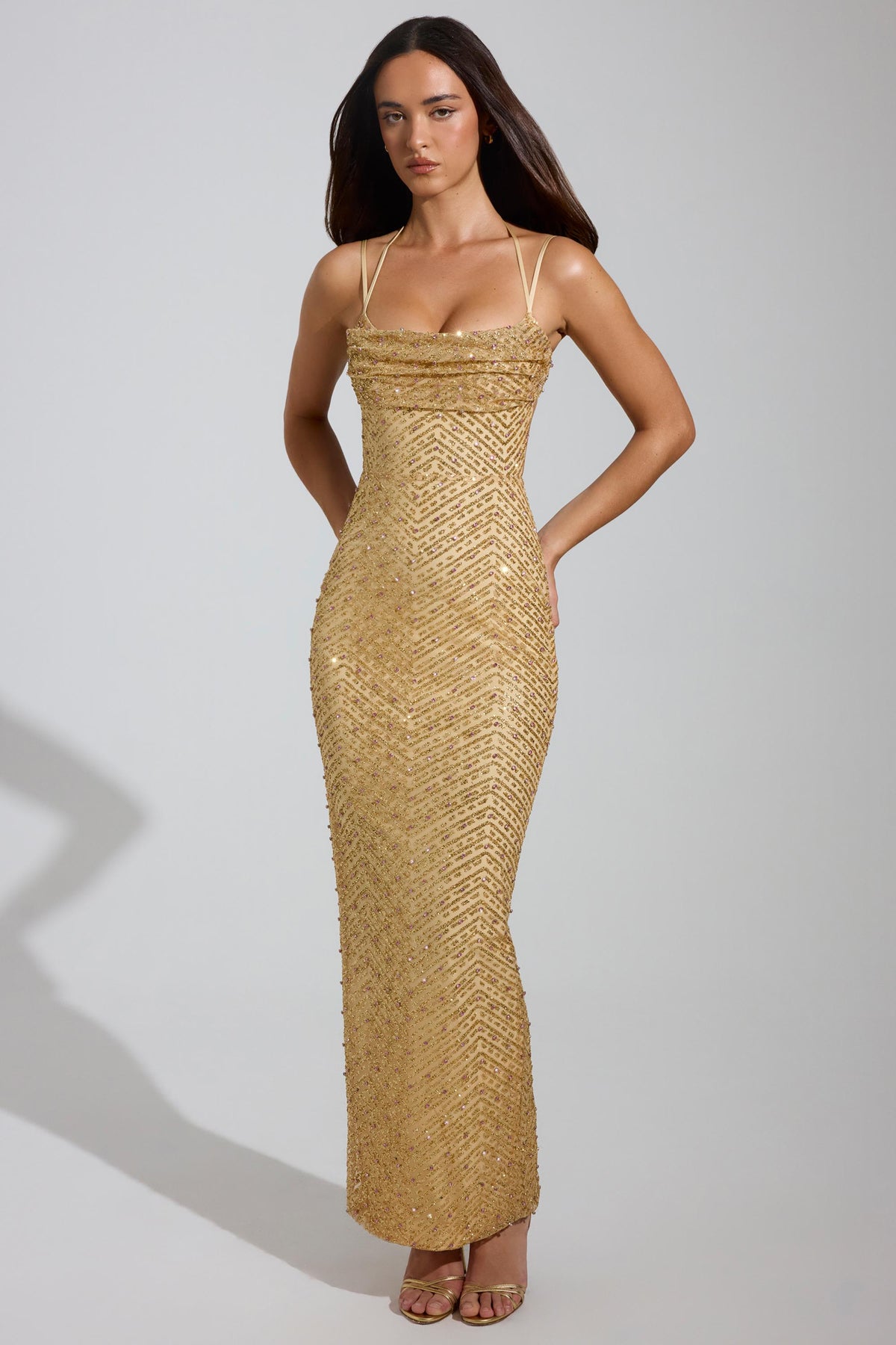DressNovel Cowl-Neck Maxi Dress in Gold