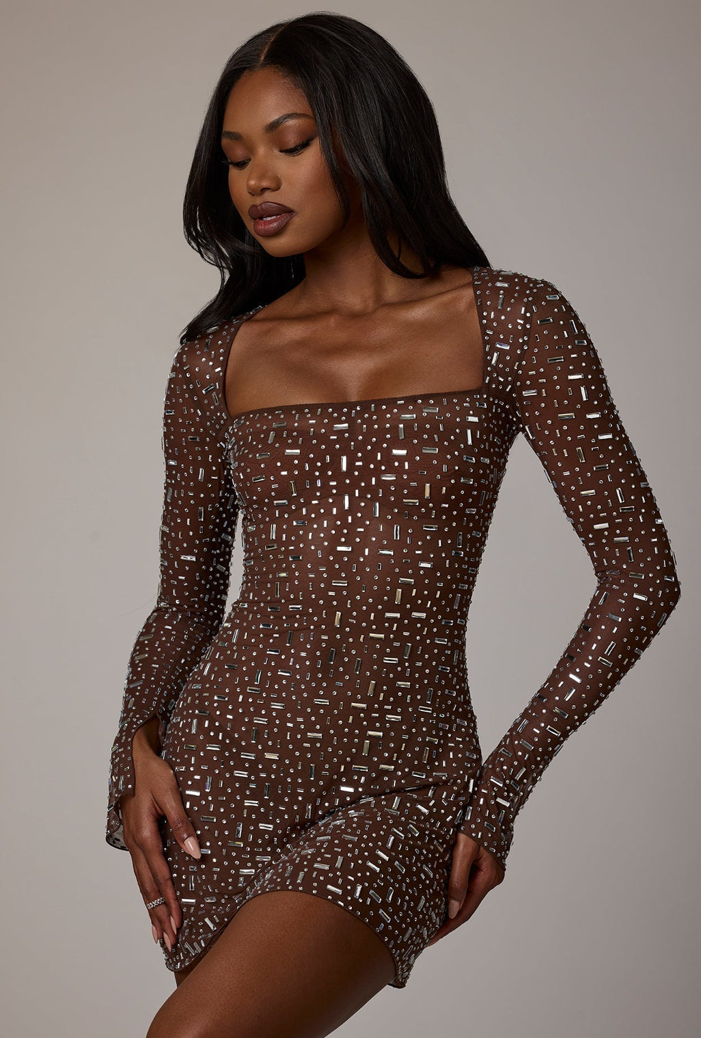 Sheer DressNovel Long Sleeve A-Line Mini Dress in Deep Cocoa