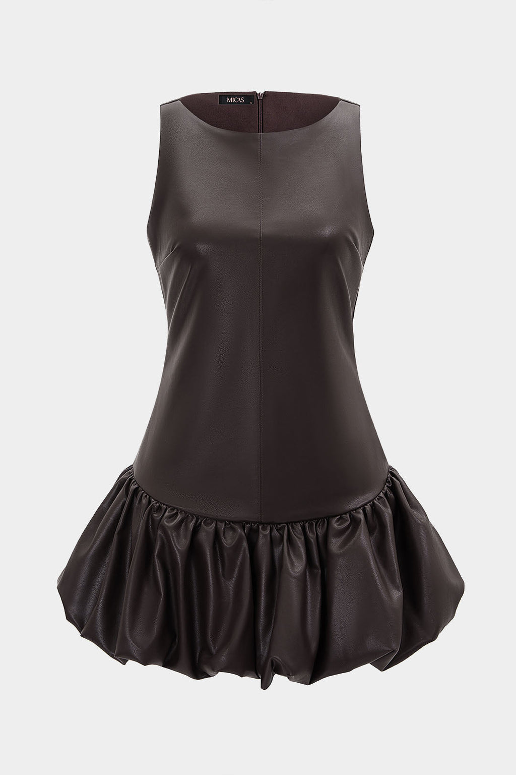 DressNovel Faux Leather Round Neck Ruched Hem Sleeveless Mini Dress