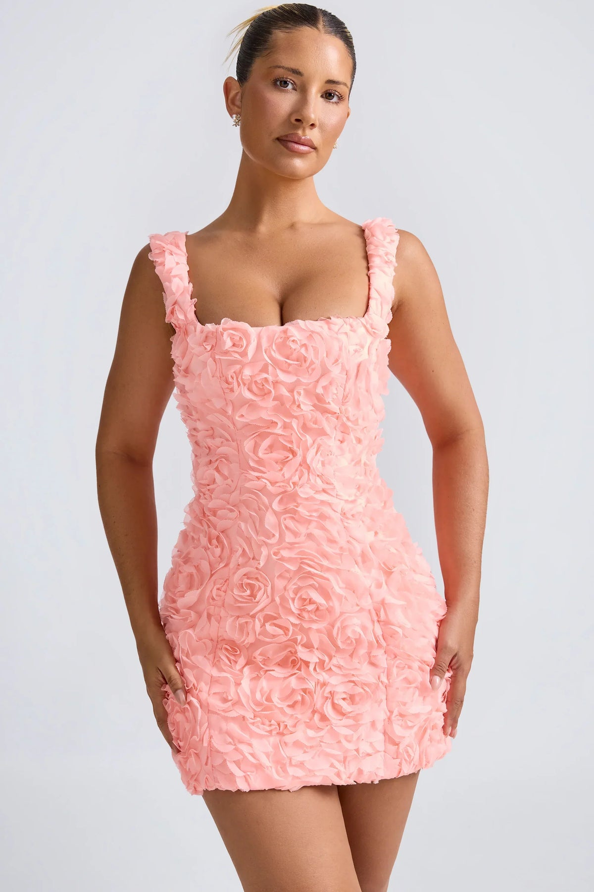 DressNovel Floral-Appliqué Corset Mini Dress in Coral