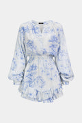 DressNovel Floral Print V-Neck Ruffle Hem Long Sleeve Mini Dress