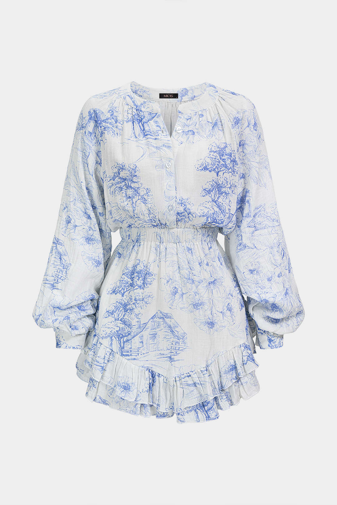 DressNovel Floral Print V-Neck Ruffle Hem Long Sleeve Mini Dress