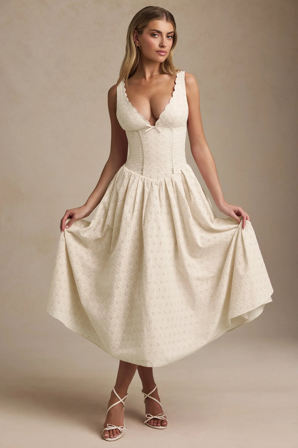 DressNovel Broderie Anglaise Bow-Detail A-Line Midaxi Dress in Ivory