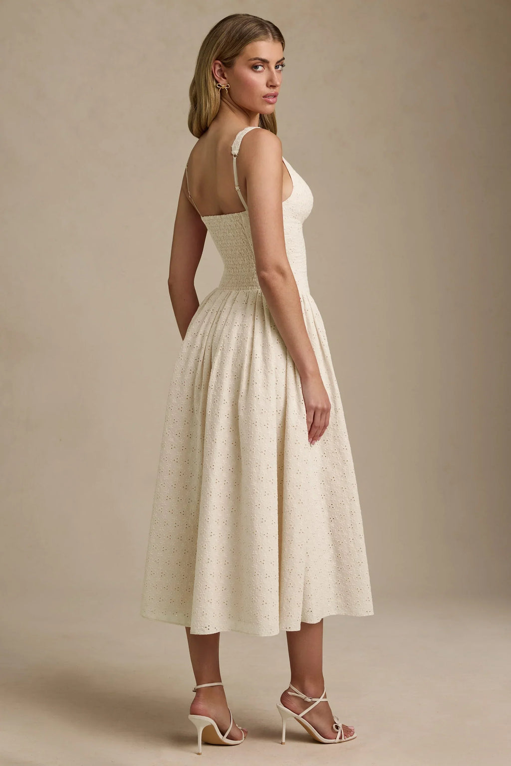 DressNovel Broderie Anglaise Bow-Detail A-Line Midaxi Dress in Ivory