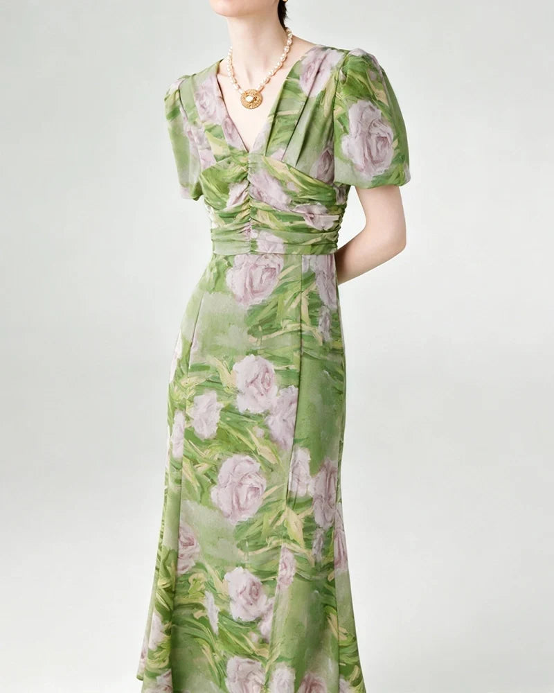 DressNovel Silk Floral V-Neck Puff Sleeve Midi Dress