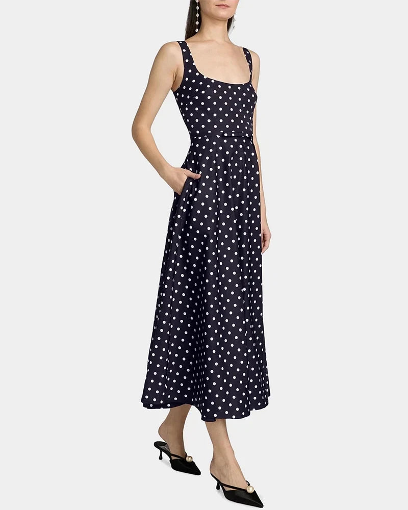 DressNovel Silk Polka Dot A Line Midi Dress