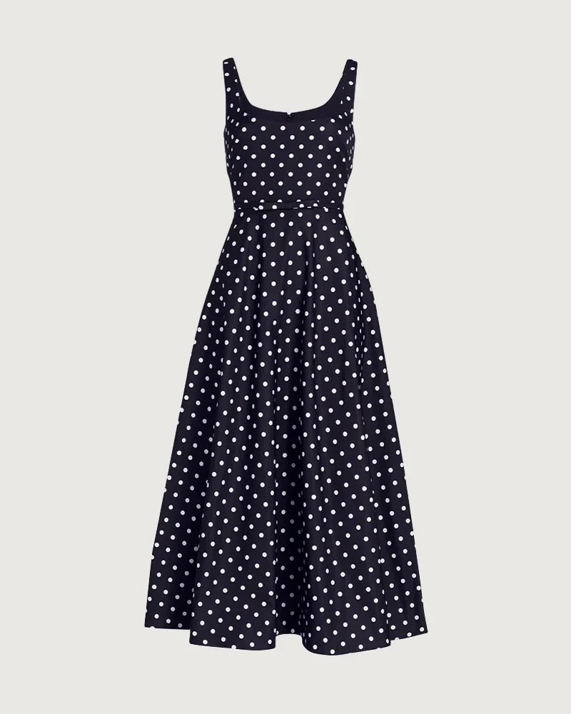 DressNovel Silk Polka Dot A Line Midi Dress