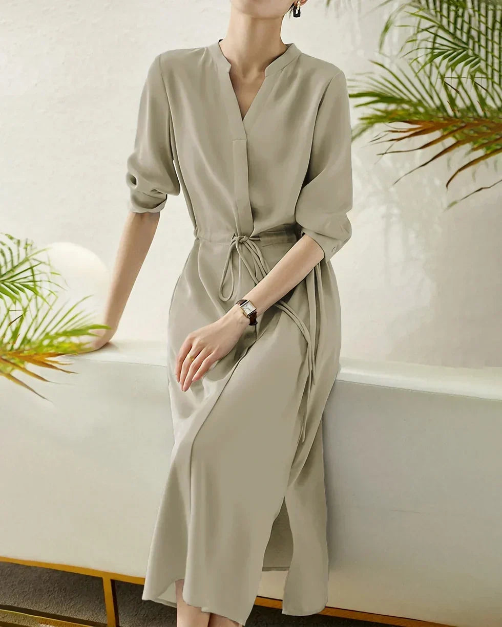 DressNovel 30 Momme Silk Drawstring Midi Shirt Dress