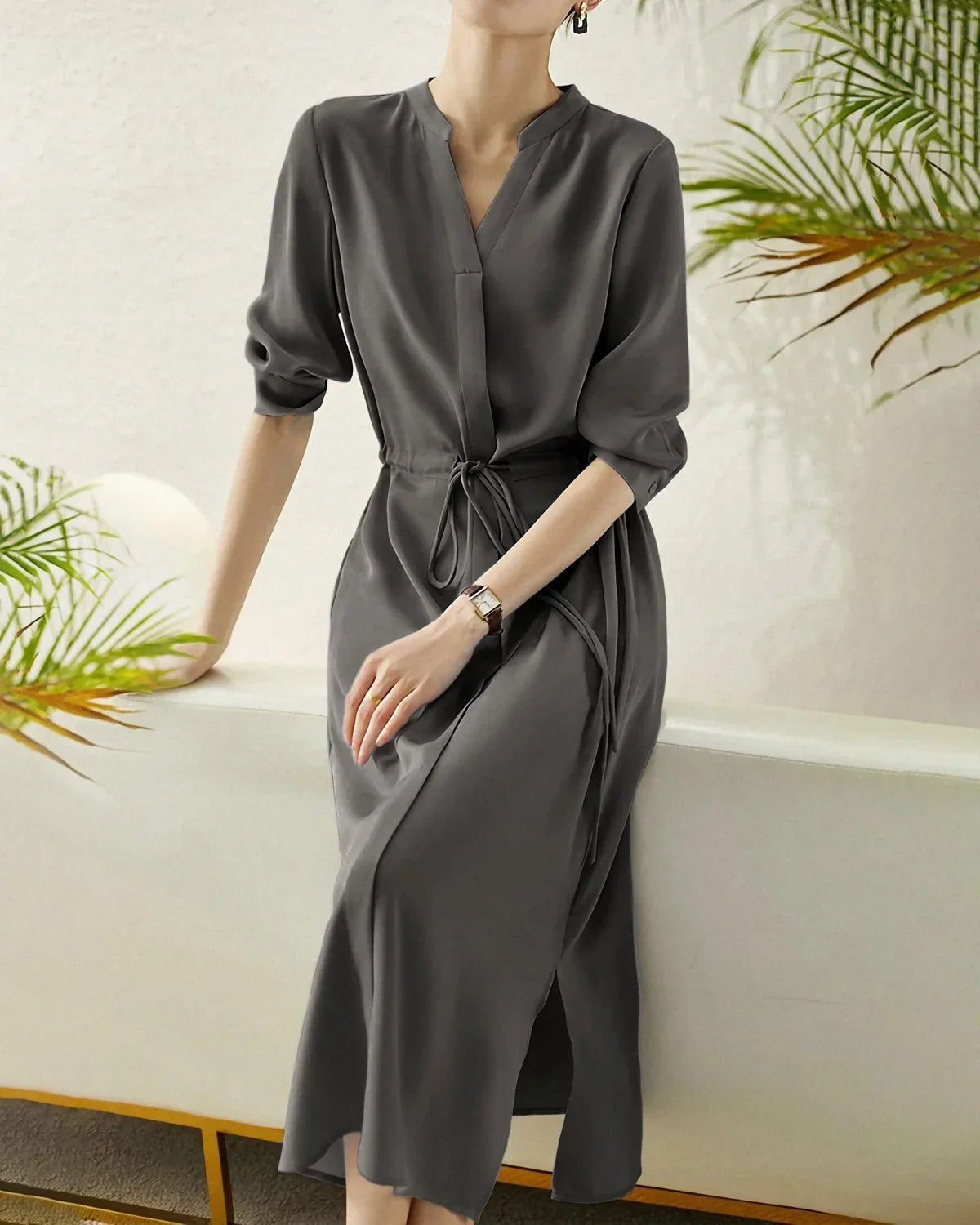 DressNovel 30 Momme Silk Drawstring Midi Shirt Dress