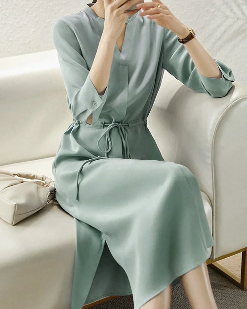 DressNovel 30 Momme Silk Drawstring Midi Shirt Dress