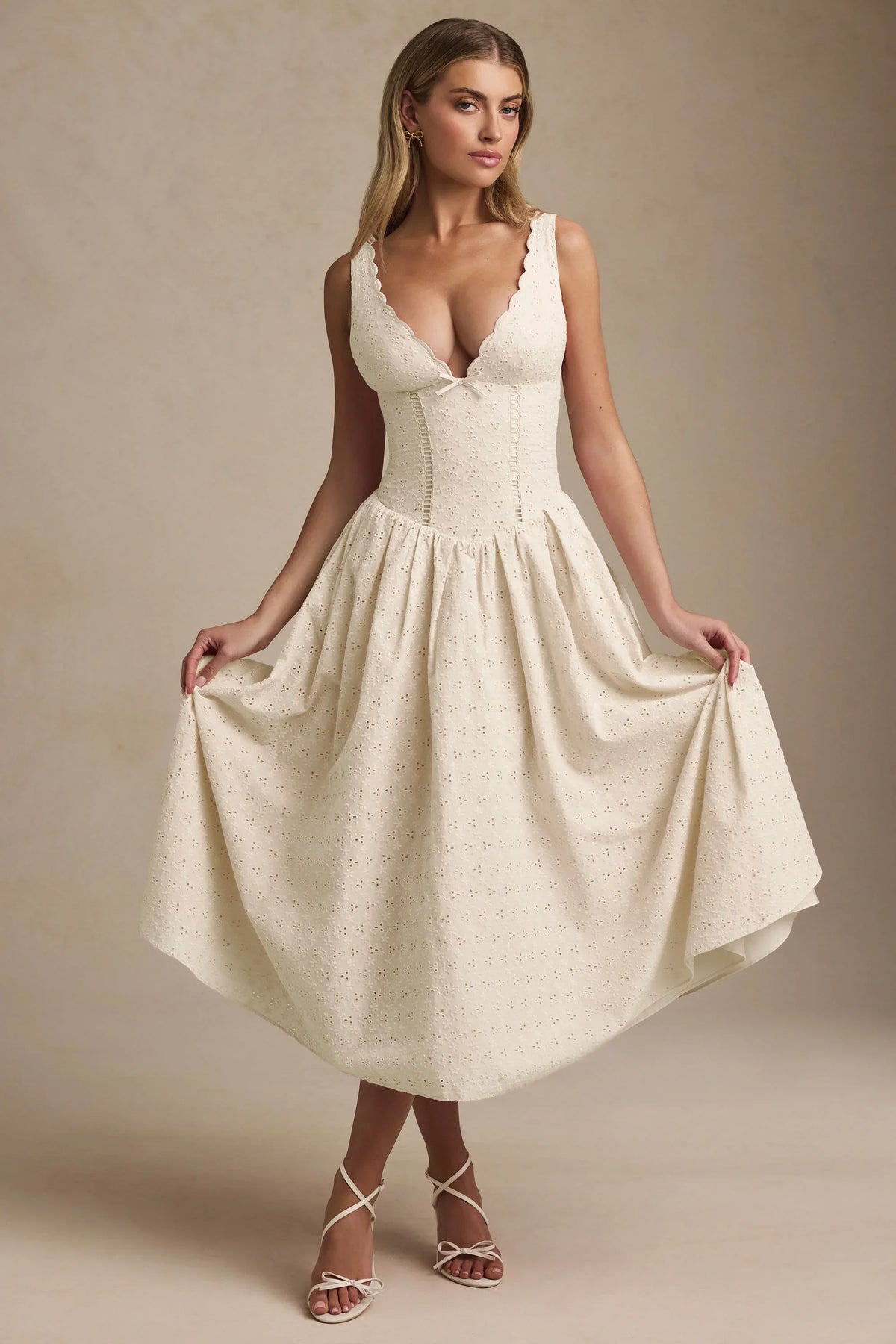 DressNovel Broderie Anglaise Bow-Detail A-Line Midaxi Dress in Ivory