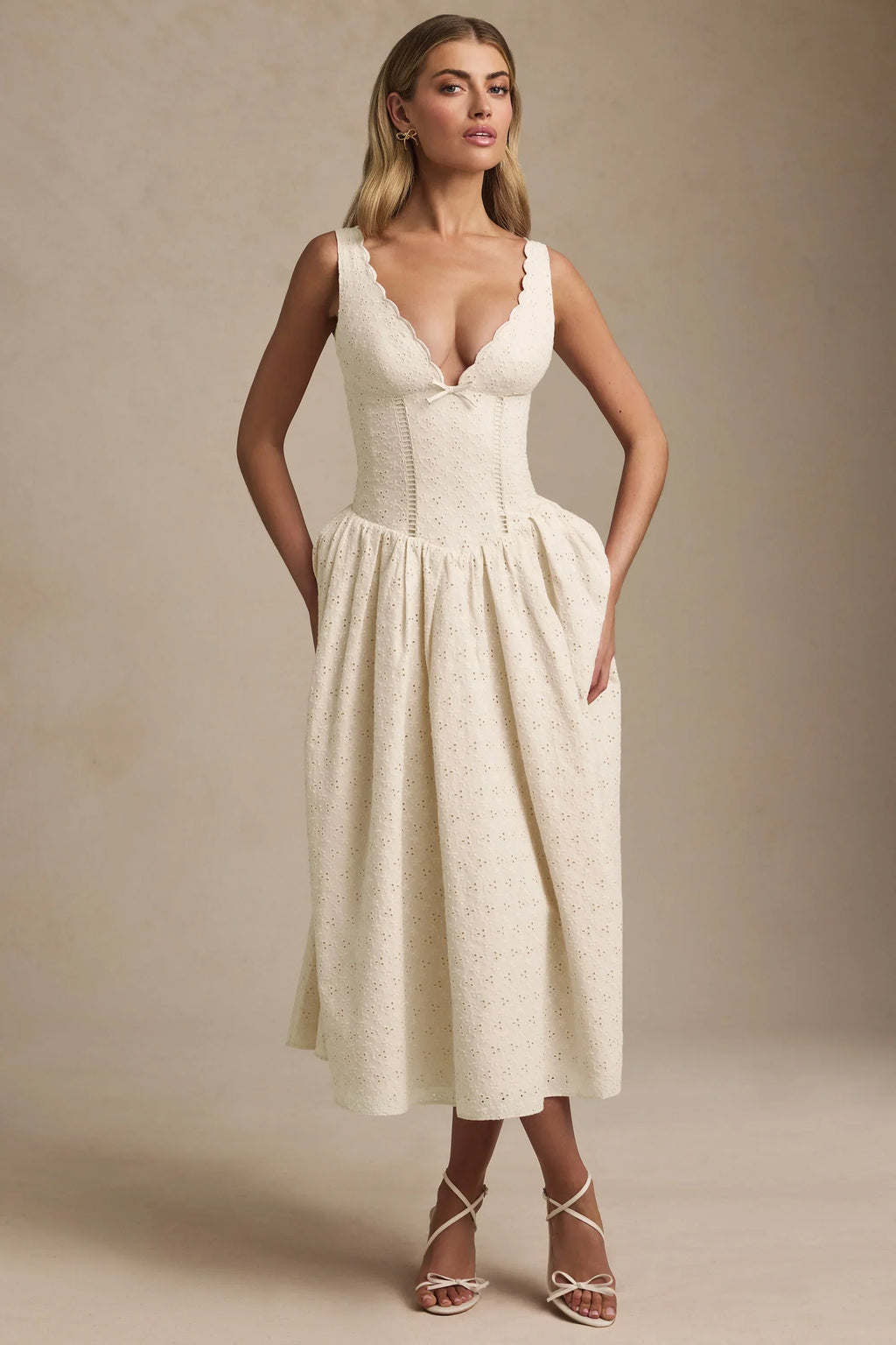 DressNovel Broderie Anglaise Bow-Detail A-Line Midaxi Dress in Ivory