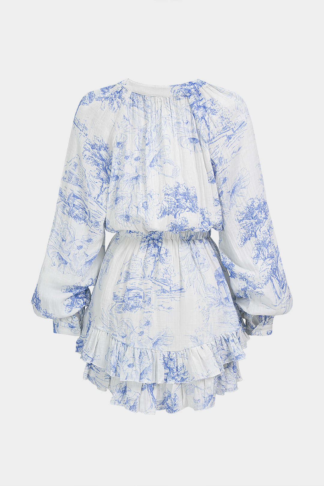 DressNovel Floral Print V-Neck Ruffle Hem Long Sleeve Mini Dress